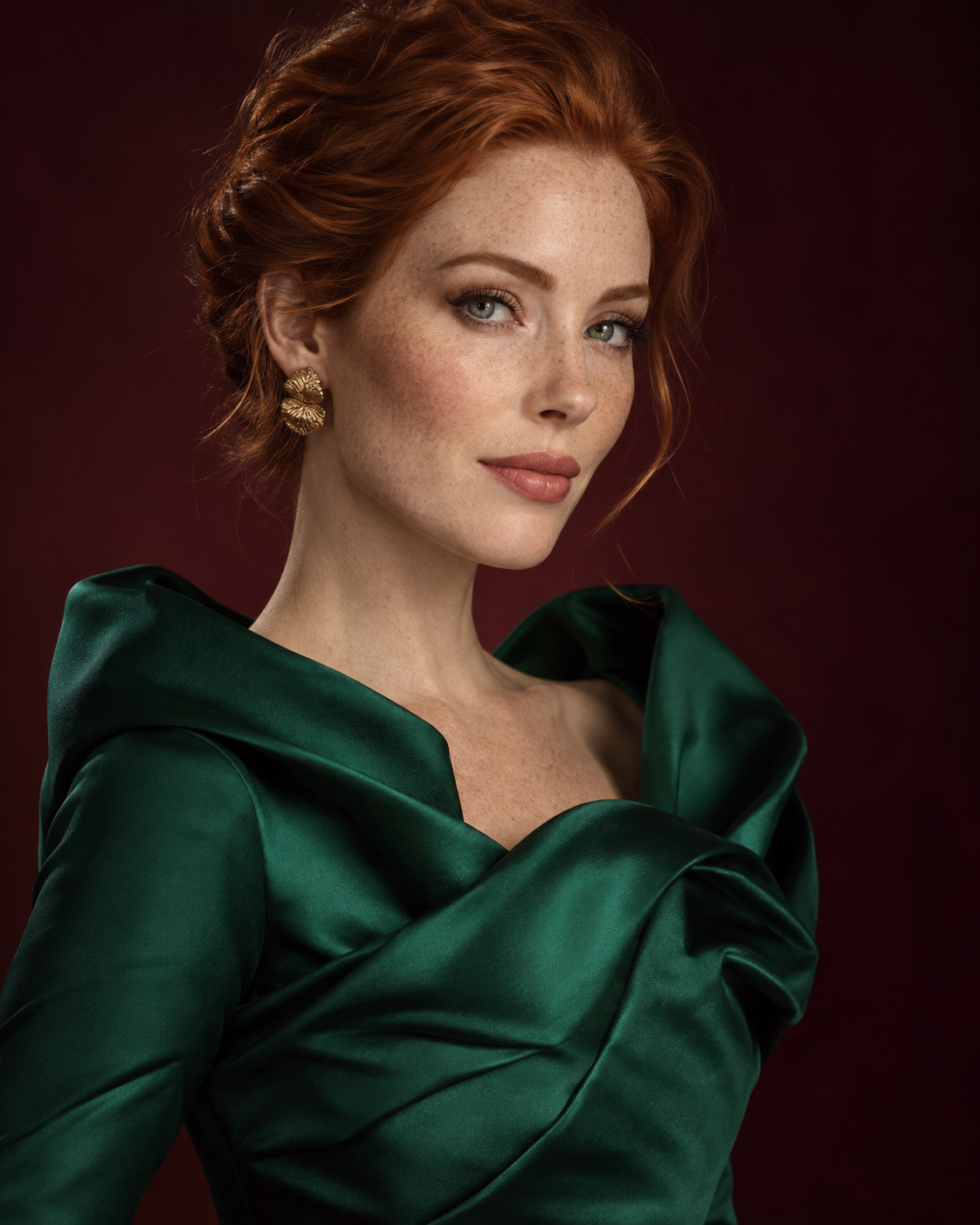 Red-haired model in an emerald green fashion look