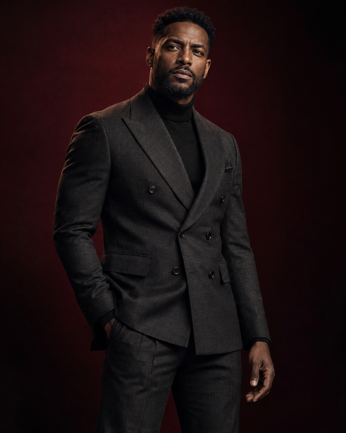 Model in tailored black menswear