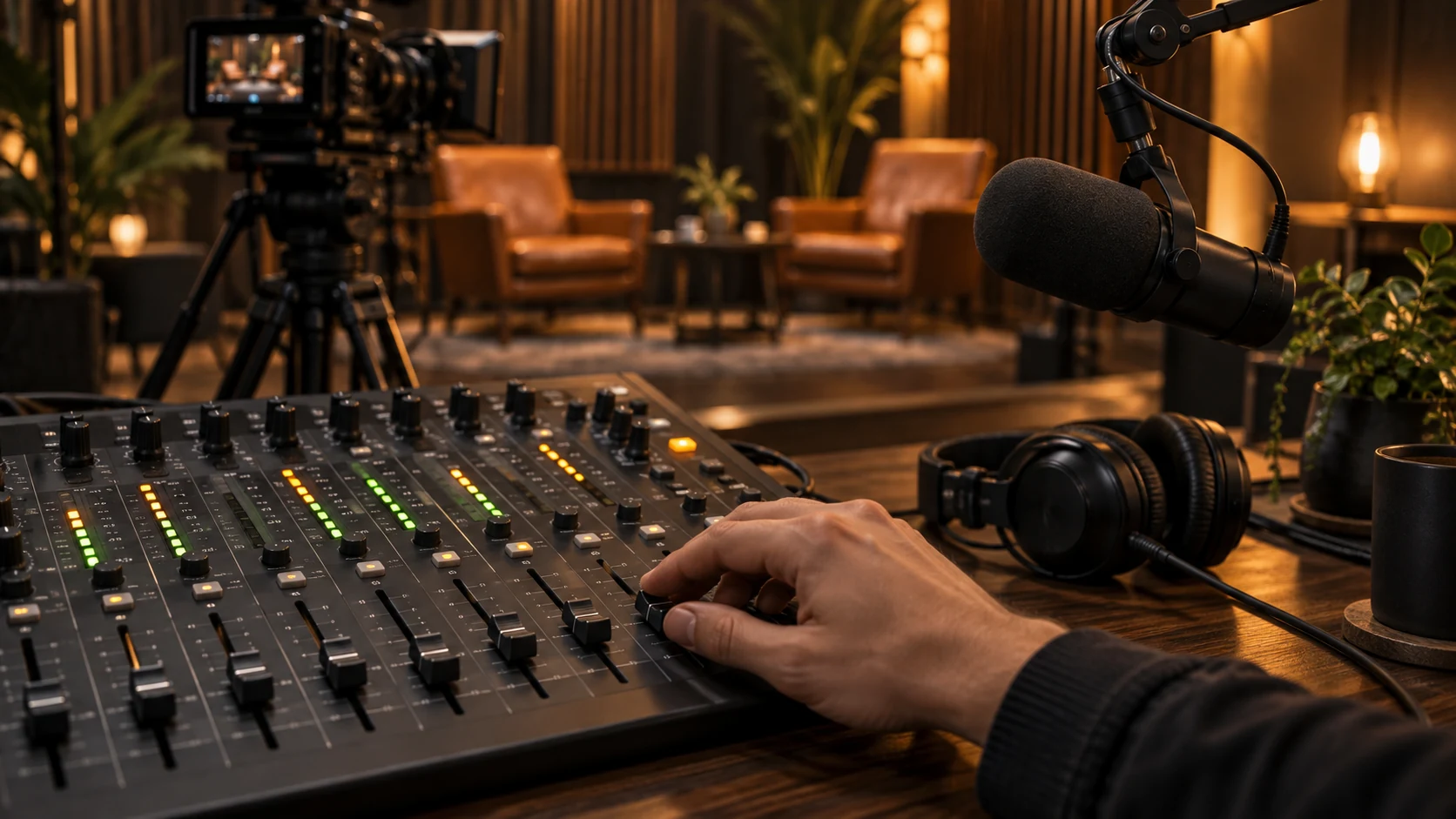 Podcast microphone, mixer and camera detail