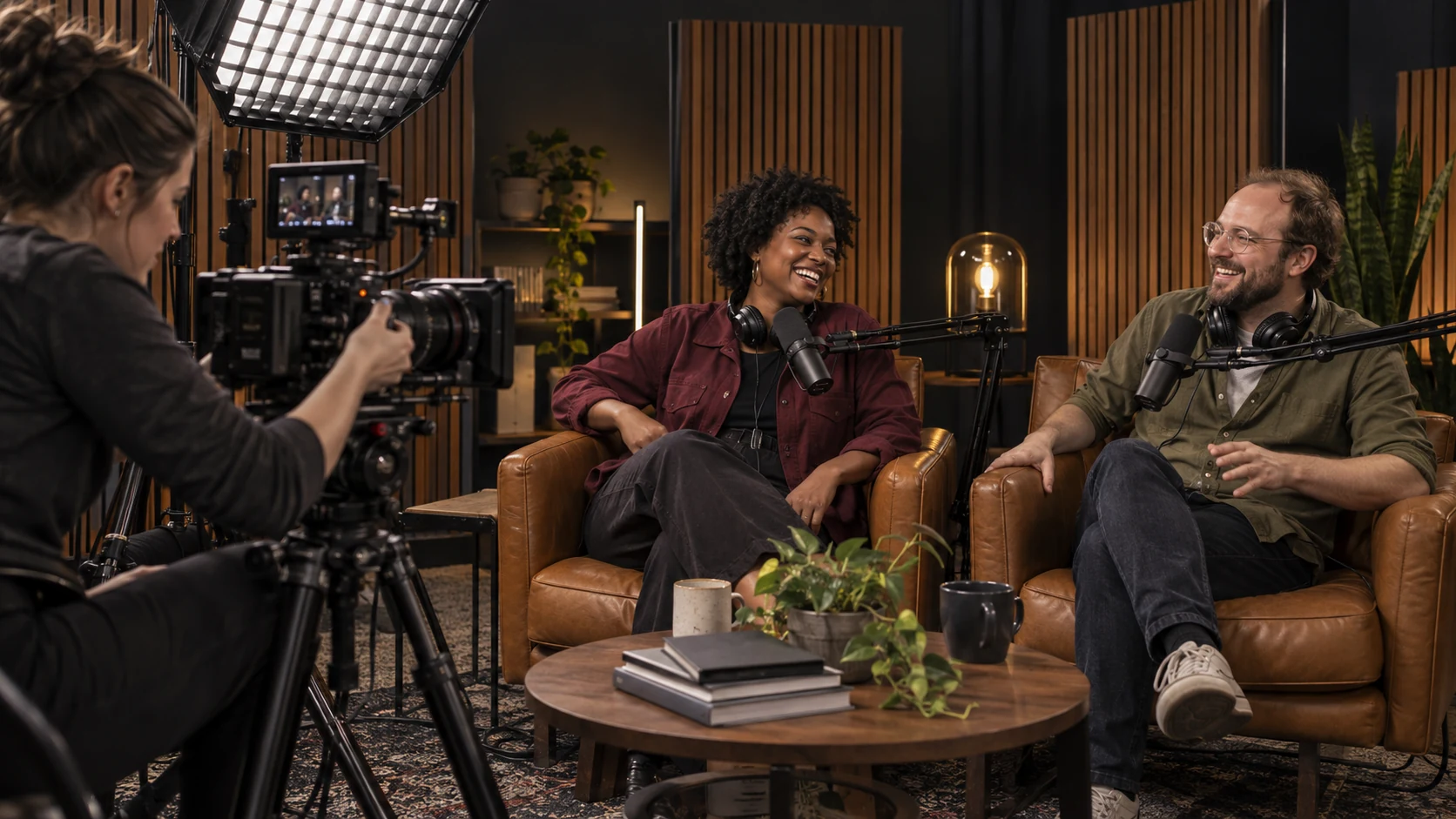 Podcast session concept with two hosts and a camera operator