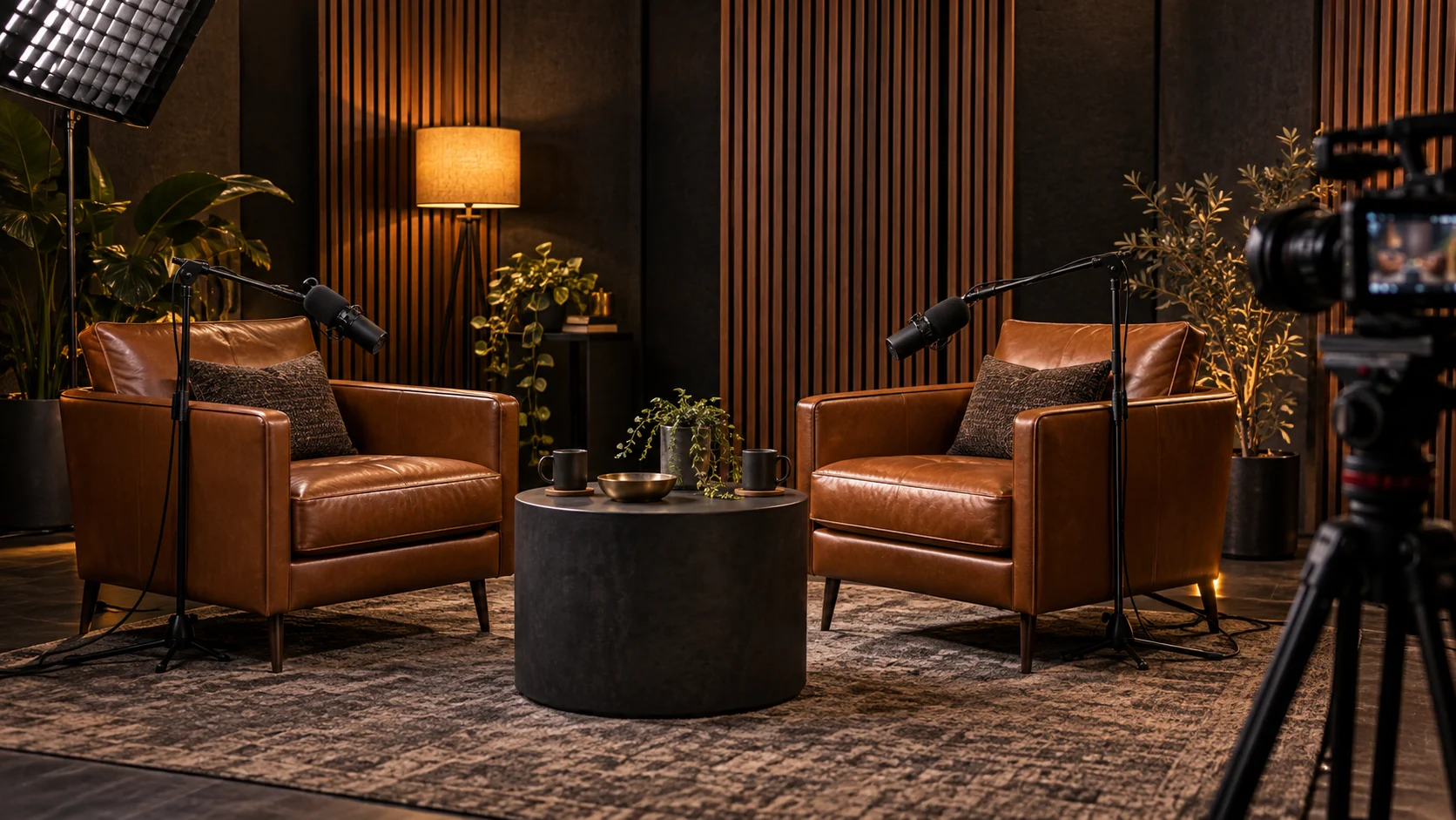 Imagined empty podcast set with cognac chairs and microphones