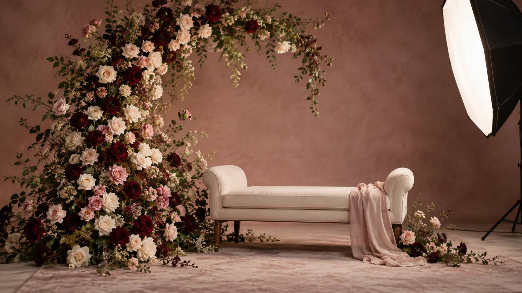Imagined floral crescent and cream bench on a blush backdrop