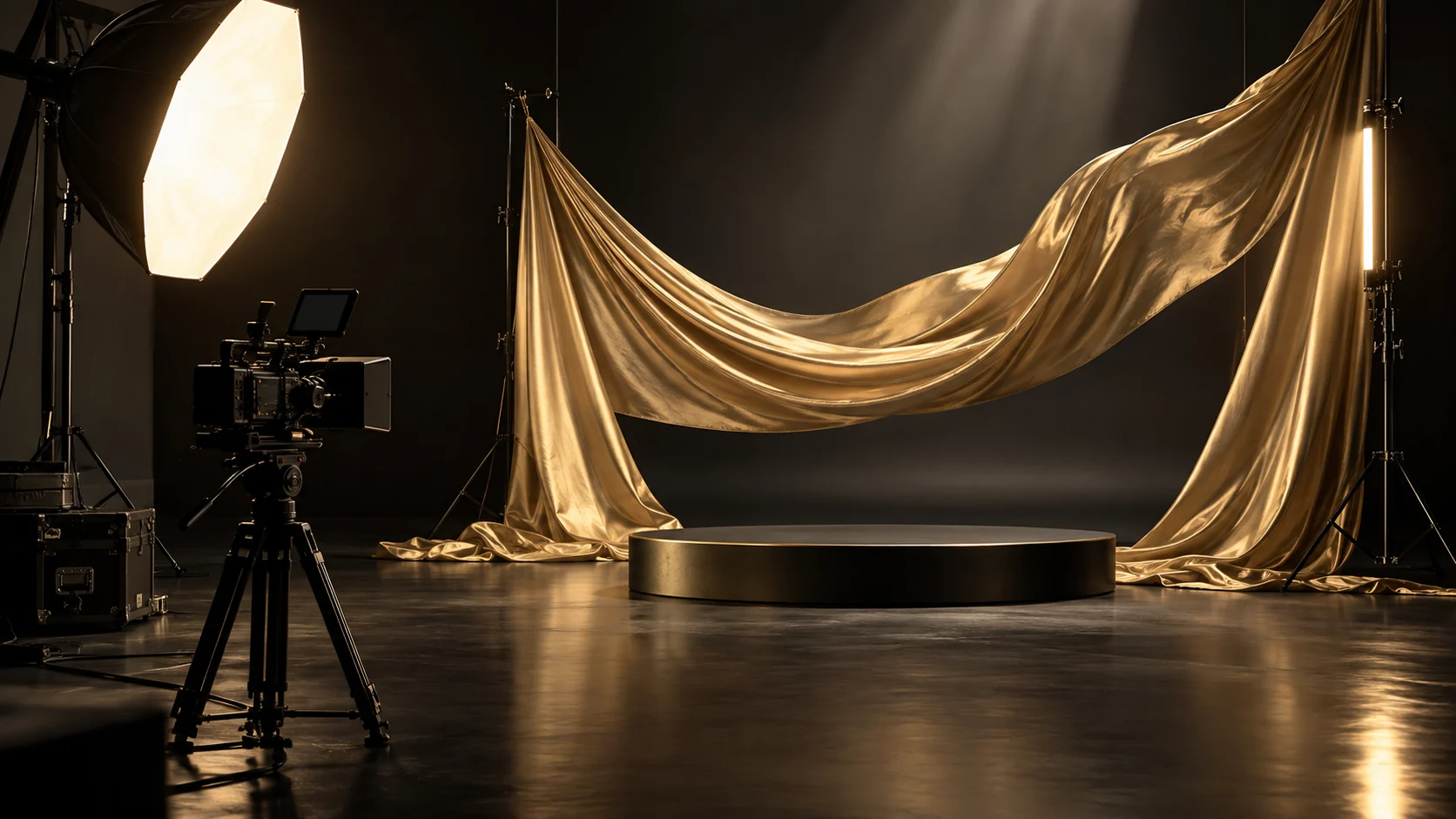 Imagined gold silk studio set with softbox lighting
